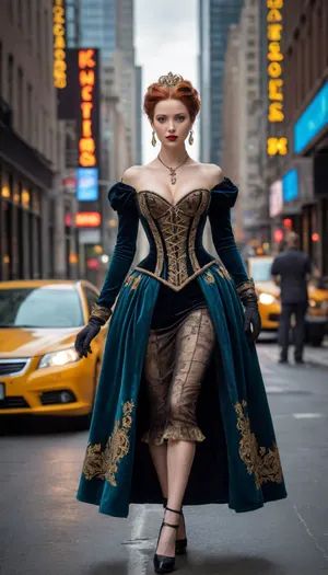 "Hyperrealistic photograph of a highborn Renaissance woman, (inspired by Isabella d'Este), walking through a modern metropolis, (New York 2025), . Extreme realism 1.8, 16K resolution, Canon EOS R5, 24mm wide-angle lens, natural soft lighting, ultra details, vibrant rich colors. Focus on luxurious 16th-century Renaissance gown, voluminous skirt, exquisitely detailed corset, rich fabrics, (silk, velvet, brocade), intricate embroidery, elegant square neckline. She has a prominent hourglass figure, generous bust, and cinched waist. Contrast her historical attire with futuristic skyscapers, electric vehicles, and neon signs in the background. Full body shot, centered, dynamic and balanced composition where history meets modernity."