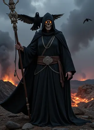 Given the image, here are the detailed prompts for Stable Diffusion, **Positive Prompt, ** ```, (grim reaper), ((death)), (skeletal face, glowing eyes inside hood:1.2), (full body shot), (dark hooded cloak, flowing fabric:1.3), standing proudly, (intricate staff with chains and crucifix details:1.1), (majestic raven with outstretched wings:1.2), perched on shoulder, (dark ominous sky, thunderclouds:1.15), (dramatic lighting:1.1), (cinematic atmosphere), (fantasy art, digital painting:1.3), (volcanic landscape, molten lava ground:1.1), glowing embers, flying ravens in background, depth of field, highly detailed, sharp focus, octane render, unreal engine, masterpiece, best quality, ultra high resolution, dynamic pose, dark fantasy, epic scene, highly detailed robes, intricate chains.