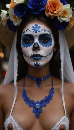 Sexy, little, Mexican girl, in blue and white traditional Catrina skull full face paint, ((blue and white face paint)), t1, skull, dia de los muertos, day of the dead, ((skull face paint)), topless, wearing a tight, ((white g-string)), mexican, talavera, ktrmkp, face, paint, makeup, <lora:TalaveraCatrina_by_Devdope-000011:1.2>, <lora:ahxl_v1:.8>, <lora:Katrina XL:1>