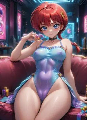 "Ranma Saotome, (female form), in a highly stylized anime art style, lying provocatively on a purple sofa. She's wearing a shiny, revealing purple outfit with heart-shaped cutouts and a black choker. Her red hair is styled in a short, spiky bob with a braid over one shoulder. She has a seductive expression with blue eyes, a slight smile, and blush. Her body is glistening as if wet. The background is a neon-lit, futuristic room with glowing pink and blue lights, suggestive of a club or a sensual setting. Highly detailed, vibrant colors, dynamic lighting.", Inuyasha, Higurashi, Kagome, Sesshoumaru, Kikyo, ranma-chan, shampoo, (ranma, 1/2), lum, <lora:Takahashi Rumiko_XL:.8>, <lora:add-detail-xl:.8>, <lora:detailed_notrigger:.8>, <lora:DetailedEyes_V3:.8>