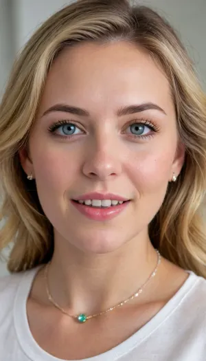 19 yo, ((Norwegian girl)), cute, slender, not so tall., The face has a soft, oval shape with smooth, youthful skin and delicate features. The long hair is thick, and wavy, tussled, with very light, almost platinum blonde strands near the front that blend into a warmer golden blonde toward the ends. It is loosely pulled back behind the ears, with a few free strands framing the face naturally. The eyes are light green or hazel, almond-shaped, and bright, framed by medium-thick, slightly arched eyebrows that are darker than the hair. The nose is straight and slender, with a soft bridge and a gently rounded tip. The mouth features full, softly curved lips in a natural pink tone, shaped into a relaxed, closed-lip smile that conveys friendliness and warmth. The skin tone is fair and radiant, with a natural rosy flush across the cheeks and nose, giving a fresh, clean appearance. Small blue gemstone stud earrings and a delicate necklace with a cursive name pendant add subtle detail. The expression is happy, warm, inviting, and playful, with the head tilted slightly to one side for an approachable and relaxed look., she has a happy expression, (she is wearing a shirt . Her boyfriend is standing behind her kissing her neck and feeling her body from behind her back. Her jeans and panties are pulled down to reveal her hairy vagina), Her vagina is the center of the image, and, (((she is facing forward))), .she is in her bedroom. She is slim . The man’s eyes are closed . He is pajama pants and a sweater. He has short hair, She has a very long pearl necklace, prominent circular earrings, perfect teeth, slender figure detailxl