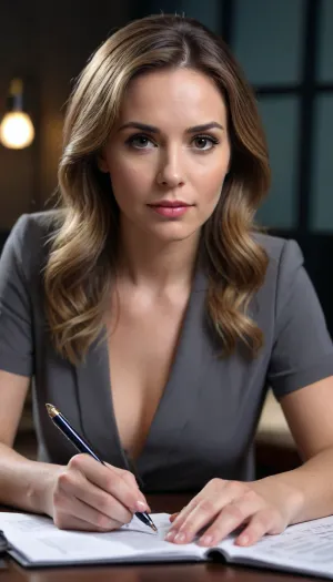 psychologist, stares at her patient while taking notes, luxurious office.