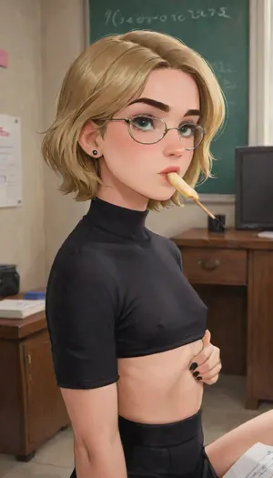 Andava, Andavaverse. Ella Hollywood, Height 5'7, Substitute Teacher. {score_9, score_8_up, score_7_up, score_6_up, 1femboy, solo, focus, 2d, source_anime, anime, Detailed face}, {kenji setou, Green Eyes, glasses, platinum-blonde hair, short hair, male, femboy, girly, trap, Adult, age 21, Narrow waist, wide hips, massive hips, Thick thighs, Detailed eyes, long eyelashes, Perfect curves}, Gothic makeup, black eyeshadow, black lipstick, black nails, fishnet gloves, elbow-length gloves, black top, black cropped leather opened jacket, spiked choker, black skirt, pleated skirt, fishnet stockings, black boots, High heel boots, femboy substitute teacher Sitting in chair at teachers desk, eating a popsicle, looking up, looking at class, addressing the classroom, Presumptuous, confident, side view, American classroom background, detailed background, Close-up, focus.

perfect anatomy, best quality, 8k, insane details, intricate details, hyperdetailed, hyper quality, ultra detailed, professional, HDR, ray tracing reflection, cinematic lighting, highlydetailedbody, realisticface, highlydetailedhair, insanelydetailed, 8K.highdetailedskin, highresolution, perfectfingers, (j_cartoon:1.5), Drawing, perfect anatomy, ellahollywood, <lora:ellahollywood:2>, uberfit, muscular, athletic, <lora:uberfit_lora_sdxl:.2>, <lora:samdoesarts1.1-000030:.4>, <lora:J_cartoon:.3>, <lora:Animated_Concept:.4>
