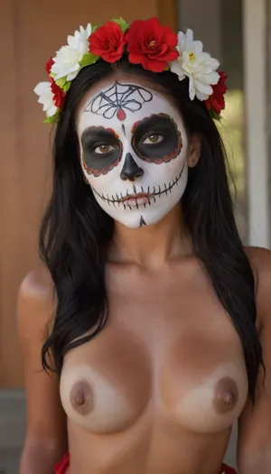 Sexy, little, Mexican girl, Catrina skull full face paint, bright green eyes, ((black, white, and red, face paint:1.2)), t1, skull, dia de los muertos, day of the dead, flowers in hair, long black hair, styled up nice, ((skull face paint)), naked, skinny body, dark tanned body, (tan lines:1.3), mexican, talavera, she is on her knees, seductive look on her face, hotsquat, woman, squat, bellissima, 1girl, <lora:TalaveraCatrina_by_Devdope-000011:1.4>, <lora:woman_squat_xl_lora-000031:1>, <lora:LesFemmesXL_v1.0:1.1>