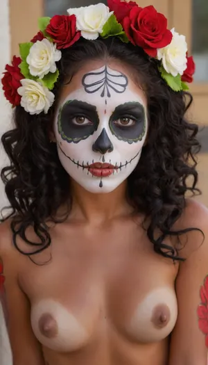 Sexy, little, Mexican girl, Catrina skull full face paint, bright green eyes, ((black, white, and red, face paint:1.2)), t1, skull, dia de los muertos, day of the dead, flowers in hair, long black curly hair, styled up nice, ((skull face paint)), naked, skinny body, dark tanned body, (tan lines:1.3), mexican, talavera, she is on her knees, seductive look on her face, hotsquat, woman, squat, bellissima, 1girl, <lora:TalaveraCatrina_by_Devdope-000011:1.4>, <lora:woman_squat_xl_lora-000031:1>, <lora:LesFemmesXL_v1.0:1.1>