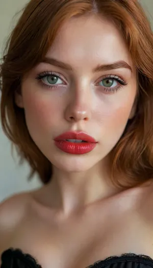 ziprealism, (25yo, intimate sensual esthetic, offset composition), (seductive sensual expression, sensual gaze, teasing look, fuck me face, soft teasing smirk:1.2), (f/2.8, shallow depth of field, subtle bokeh), (loose closeup shot, view from side, focus on lips:1.8), (sleek glossy red hair, straight long hair, hair obscuring face, light full eyebrows:1.4), (slender athletic body), (soft pillowed lips:1.6), (big lips:1.5), (moist lips, vibrant red lipstick:1.4), (natural skin texture, long thick eyelashes:1.2), (udmurt facial features:1.3), (no make up:1.3), (cozy bedroom), (large teardrop breasts, soft breasts, pale nipples:1.3), (big breasts in a corset:1.4), (big tits:1.4), (strong defined jawline, large expressive eyes, catchlights), igbaddie, <lora:igbaddie-XL:.4>, <lora:style_lora_realis:.8>