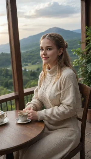 1girl, solo, masterpiece, newest, absurdres, best quality, amazing quality, very aesthetic, ultra-detailed, highly detailed, intricate scenery, detailed landscape, delicate, dreamy, looking afar, cinematic lighting, cinematic, volumetric lighting, ray tracing, natural shadows, dutch angle, golden hour, clouds, kaela20, blonde hair, red eyes, smile, long hair, french braid, beige sweater, capelet, long skirt, kaela20 sitting on chair on a balcony while drinking a cup of tea, she also have an open book on her lap, there is a marble table in front of her with teapot and cookies in a plate on top of it, the atmosphere is serene and relaxing, the background is a mountainous horizon with forest, lake and fields at its base