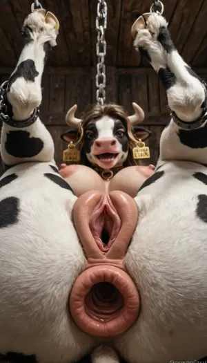 Close-up, happy, furry cow, (((zoo furry cow porn))), (((spreaded hollow cow pussy 5.9))), possing, skinny 1.8, frontal view, pussy, gigantic cow, huge tits 8.5, skinny 5.8, (((fat enorm extreme spread hollow pussy 5.5))), gape5 .8, (((cow pussy spread 5.9))), huge tits, (((Long labia 5.5))), (((Gaped hollow anal hole 4.9))), cow porn, (((Long clit 1.5))), big fat tits, (((extremelly pussy spreaded 2.9))), pussy view from underneath close up, (((womb deep view 3.0))), ((Perfect vaginal anatomy)), (((pussy perfection))), (((vaginal cavity extremelly deep 2.0))), (((enormus giant cow vagina 7.5))), (((size diference 2.0))), white light laboratory background, bondage tied chained open legs up