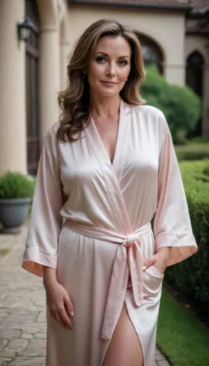 (milf:1.4), A rich, well-groomed, self-confident, attractive 40-year-old woman with fair skin and curvy figure. Dressed in a silk robe, standing in the courtyard of her mansion.