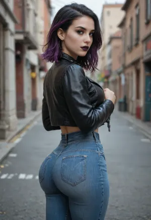 20 yo, goth, black hair with purple highlights, black lipstick, black eyeliner, big ass, big tits, hourglass figure, small waist, blue jeans leather jacket, ass focus