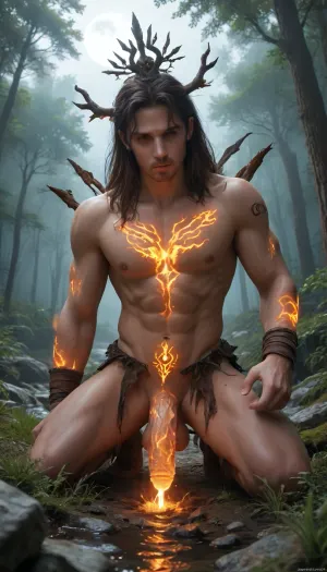 A dark scene of enchanted ancient forest, A vast wonderland filled with broken colossal cocks half-buried in the grass, golden glowing orbs suspended in the air. In the center stands a sexy shemale with penis performing anal sex with male. in torn ritual robes, glowing crimson tattoos across her skin. Around her, golden trees bleed glowing gold liquid into the ground, dripping into the dust. Above, a massive blood moon cracks the sky, revealing glimpses of ancient temples, and futuristic ruins. Water flows, torches burn with black fire. Epic, fantasy, cinematic atmosphere of enchanted ancient forest and glowing mysteries in eternity.