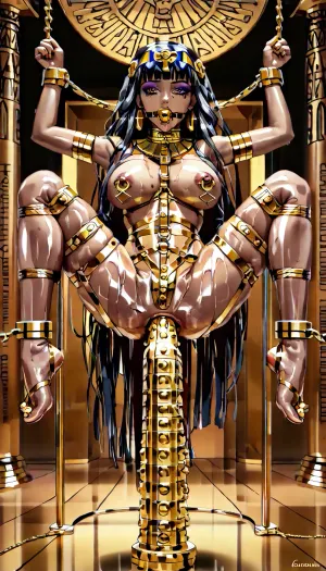 (Beautiful Egyptian cleopatra), 25 years old, Egyptian make up, Egyptian jewelry, perfect body, black hair, (oiled skin), (full body), (large gold pierced nipple ring:1.7), (gold ball gagged:1.2), perfect breasts, very slim waist, large golden collar, (gold bondage iron straps:1.5), hanging suspended, (gold chained:1.3), gold fucking machine, (gold anal dildo:1.4), in Egyptian temple, detailed background