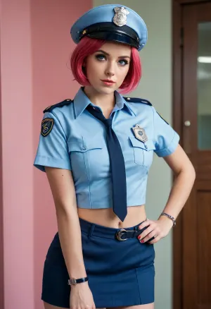 Jailer, female police officer, sexy, (light blue short-cropped uniform with a front tied top), (midriff), (short navy blue skirt), handcuffs hanging from belt, (light pinkish-red bob hairstyle), large expressive eyes, police station setting, exaggerated features, leaning casually against wall