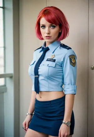 Jailer, female police officer, sexy, (light blue short-cropped uniform with a front-tied top), (midriff), (short navy blue skirt), handcuffs hanging from belt, (light pinkish-red bob hairstyle), large expressive eyes, police station setting, exaggerated features, leaning casually against wall