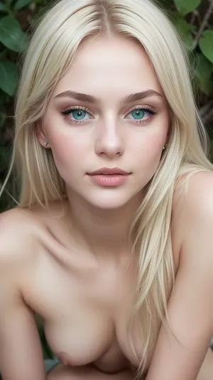 young russian woman in high resolution, nude, view from the top, 18 years old, green eyes, slim, petite, with bleach blonde hair, black highlights, (top), very detailed face and eyes