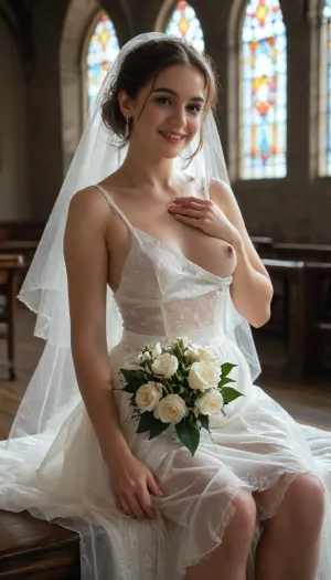 19th century, realistic, warm lightning, realistic proportion, realistic body woman, caucasian, 25 year old, venitian blond, ((show one nipple)), royal wedding dress with diamonds ane sapphires, diadem with a pearl, white veil, church, lascivious air, proud, brown detailed eyes, sitting 3/4 view, very slight smile, perfect face, perfect body, perfect fingers, perfect hand, river of diamonds, chiaroscuro, bouquet of roses in hands, unwearing, upskirt, raw, detailed, eyes, perfect, freckles, skin, texture, photorealistic, <lora:580159_training_data:.8>, photo, in, phst, artstyle, <lora:SDXL1.0_Essenz-series-by-AI_Characters_Style_BetterPhotography-v1.2-'Skynet':.8>, <lora:CinematicStyle_v1:.8>, <lora:epicNewPhoto:.8>, <lora:style_lora_realis:.8>