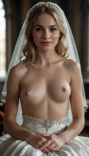 19th century, realistic, warm lightning, realistic proportion, realistic body woman, caucasian, 25 year old, venitian blond, ((show one nipple)), royal wedding dress with diamonds ane sapphires, diadem with a pearl, white veil, church, lascivious air, proud, brown detailed eyes, sitting 3/4 view, very slight smile, perfect face, perfect body, perfect fingers, perfect hand, river of diamonds, chiaroscuro, bouquet of roses in hands, unwearing, upskirt, raw, detailed, eyes, perfect, freckles, skin, texture, photorealistic, <lora:580159_training_data:.8>, photo, in, phst, artstyle, <lora:SDXL1.0_Essenz-series-by-AI_Characters_Style_BetterPhotography-v1.2-'Skynet':.8>, <lora:CinematicStyle_v1:.8>, <lora:epicNewPhoto:.8>, <lora:style_lora_realis:.8>
