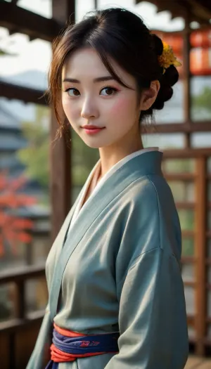 ziprealism, (traditional Japanese model, sensual suggestive smirk, adorable dimples, playful expression, mischievous beauty, raised eyebrows:1.6), (intimate avant-garde experimental photography, dramatic lighting), (warm golden hour lighting, light bloom, shallow depth of field, soft bokeh, layered composition with subtle foreground, vintage analog lens), (goosebumps, vellus hairs, subsurface scattering, freckles, sharp limbal rings:.4), (natural skin texture, maximum quality skin texture, RAW photography, uncompressed), <lora:style_lora_realis:1.2>, (style of Hayao Miyazaki:1.8), (stylized ukiyo-e landscape photo:1.8), (dramatic light and shadow:1.4), (high contrast:1.2), (ethereal atmosphere:1.2), japanese nature photo, natural light, high detail, sharp focus, vibrant colors, soft focus, moody, expressive, intricate, deep shadows, soft highlights, dynamic composition, serene, poetic, textured, autumnal tones, reflective water, misty background, silhouetted trees, expansive sky, tranquil, calm, contemplative, 50mm lens, f/5.6, evocative, harmonious, nostalgic, timeless