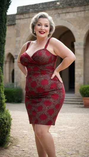A 1955 full-length photograph showing a 65-year-old plump mature woman with a seductive smile on her face, makeup and bright red lips.She has very wide rounded hips, she is wearing a gorgeous short dress with a large neckline and open shoulders, the slit at the bottom shows her big hips, cellulite hips, very large bust, saggy torpedo tits, wide hips, and she is standing in the courtyard of an ancient castle.