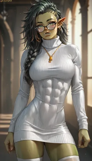 (((((Orc girl green skin))))), ((((athletic)))), thick black glasses white thigh highs, Sexy Posing, Shirt too tight and semi-transparent., (white neck sweater dress), golden necklace