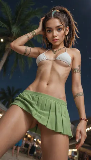 night, festival, beach, palm trees, chain of lights, (naked girls in background), very cute tall 21 years old naked european asian girl, solo girl, (bottom view), dancing, drunken, tanned, (skinny:1.5), young, (small boobs), (rainbow hair), dreadlocks, ponytail, sexy face, big wide bright green eyes, highly detailed face, (big henna tattoos), (big arm henna tattoo), (big leg henna tattoo), (big breast henna tattoo), (big hand henna tattoo), (white bikini), green mini skirt, no panties, open legs, show pussy, (silver plug), <lora:CuteLora:.5>, <lora:FaeStyle:.5>