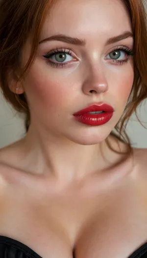 ziprealism, (25yo, intimate sensual esthetic, offset composition), (seductive sensual expression, sensual gaze, teasing look, fuck me face, soft teasing smirk:1.2), (f/2.8, shallow depth of field, subtle bokeh), (loose closeup shot, view from side, focus on lips:1.8), (sleek glossy red hair, straight long hair, hair obscuring face, light full eyebrows:1.4), (slender athletic body), (soft pillowed lips:1.6), (big lips:1.5), (big dick sucking lips:1.5), (plump lips:1.4), (moist lips, vibrant red lipstick:1.4), (natural skin texture, long thick eyelashes:1.2), (udmurt facial features:1.3), (no make up:1.3), (cozy bedroom), (large teardrop breasts, soft breasts, pale nipples:1.3), (big breasts in a corset:1.4), (big tits:1.4), (strong defined jawline, large expressive eyes, catchlights), igbaddie, <lora:igbaddie-XL:.4>, <lora:style_lora_realis:.8>