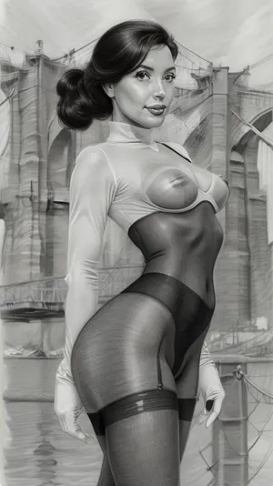 (((drawing sketch, pencil sketch))), NSFW, old art studio sketch drawing, detailed face, perfect ass, looking as viewer, fit body, tanned, brown-skinned, short black hair, brazilian, 30yo age, round butt, perfect medium breasts, black seamless pantyhose, black glossy sheer bodystocking, no bra, stiletto high heels, outdoor, walking, long sleeve gloves, (((seamless pantyhose))), ((no panties)), standing, round, breasts, white, background, full view, body, high angle view, ((brooklyn bridge background)), elvgren, Ballantyne, chavez, driben, fried, frush, Moran, mozert, berardinis, pencil, monochrome, sketch, traditional, media, graphite, dandecarlo, vintagenudeslora, greyscale，, (line, art:1.1), <lora:Pencil Drawing:.7>