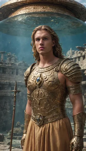 ((under the sea)), 1.5, ((deep in the ocean)), 1.5 inspired by the ancient lost city of Atlantis, ((a city inside a glass dome, (1.4 dome)), (deep in the sea completely, (covered by a dome)), that isolates it from the water the city is inspired by ancient Atlantis, outside, outside of the, ((underwater dome)), ((a powerful guardian with blond hair, light eyes, perfect nose, perfect lips, imposing body), great details is floating deep in the sea), ((can breathe underwater)), ((in front of the dome with armor from ancient Atlantis with a spear with a diamond on the tip)), ((originally used by King Atlan, has a torso, a very detailed golden scale breastplate, very detailed perfect gloves, very detailed golden scale pants, the guardian protects his city and the city dome)), ((the background is a city inside from a hermetic transparent dome, and outside the city the ocean)), Noise-free, flawless, top quality, well-defined details, 8k colors, sharp, Best quality), perfecteyes, <lora:lora-sdxl-perfect-eyes:2>