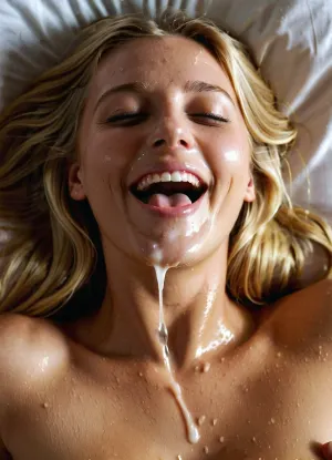 A naked couple in bed. The girl has a penis in her mouth. She has a white creamy face with a lot of spearm on it. The white liquid is everywhere. She wears a transparent wet shirt. The small breast is visible through the shirt. She likes the cum, a lot cum is spreading out of the penis . She is smiling. You can see her creamy teeth. She is blonde, with long open hair, sweaty. Picture shows pussy from below. Camera angle is blow pussy. He comes at this moment. He is moaning.