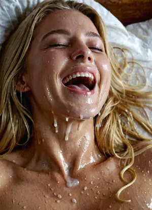 A naked couple in bed. The girl has a penis in her mouth. She has a white creamy face with a lot of spearm on it. The white liquid is everywhere. She wears a transparent wet shirt. The small breast is visible through the shirt. She likes the cum, a lot cum is spreading out of the penis . She is smiling. You can see her creamy teeth. She is blonde, with long open hair, sweaty. Picture shows pussy from below. Camera angle is blow pussy. He comes at this moment. He is moaning.