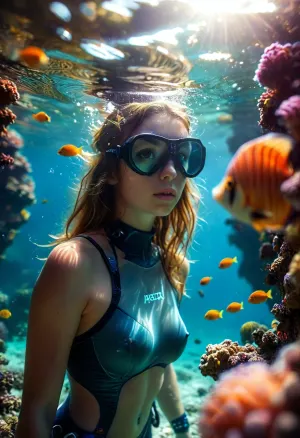 (north Europe young woman:1.5), brown eyes, giant breasts, athletic, hourglass, swimming under the sea, sunlight, shadow, Diving Goggles, Diving Regulator, Diving Wetsuit, Flippers, colorful Coral reef, Tropical fish, Jellyfish, <lora:MJ52:.8>, <lora:style_lora_realis:.8>, <lora:Vivid Midjourney mimic - XL SDXL v2.0:.8>