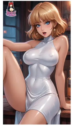 ((Thick outline:1.4), ((Cartoon Style:1.5)), ((Hentai)), lineart, line, art), reiq style, ((blue eyes)), sexy pose, leg up, head tilt, ((large upward breasts:1)), (breast too big:1.5), (large round booty), side view, (skinny waist), ((wide hips)), wearing a, (super tight short white dress), (breasts bulging out of dress), sitting at a busy bar, (shiny skin), open mouth, ((hairy vagina is partly visible:.7)), lineart, line, art, flat, colors, color, g0th1cxl, glowing, neon, <lora:cartoon_stickers_xl_v1:.1>, <lora:outline_xl_kohaku_delta_spv5x:2>, <lora:g0th1cXL:1.8>