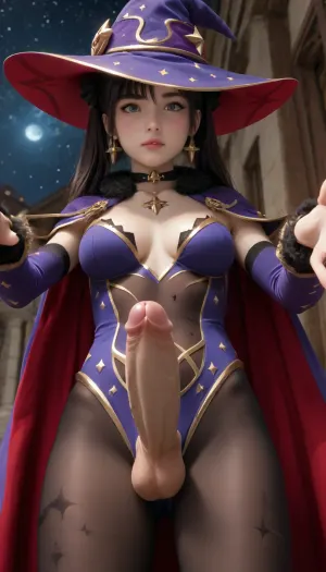 naked, long hair brunette adult transgender, shemale, futanari, dickgirl, (taker pov:1.3), foreskin, reaching to viewer, futanari on male, mona, 1girl, twintails, long, hair, witch, hat, pantyhose, gloves, black, choker, jewelry, cape, gold, trim, blue, leotard, earrings, detached, sleeves, star, (symbol), ornament, green, eyes, fur, collar, parkle, print, <lora:monax_xl:.8>