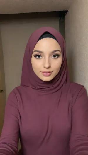 This is a highly detailed selfie of a flat chested, (anorexic young muslim woman:1.4), close intimate angle shot, posing inside a small dark chamber in a dark basement. Her bodyheight is incredibly short. Her Hair is fully covered by her Hijab. Her skin is fair, and she has a soft, delicate complexion. She is dressed in a proper maroon hijab. She is also wearing a matching maroon abaya. Her abaya is very wide and loose and covers her whole body entirely. Her makeup is subtle, with a focus on her eyes, which are accentuated with dark eyeliner and mascara, and her lips are painted a soft pink. Fully clothed. playful tease. very small body, (small body:1.3), The background features a small chamber inside a dark tiny basement in an old building, creating a secluded space shielded from prying eyes. This concealed nook offers a sense of security and privacy.