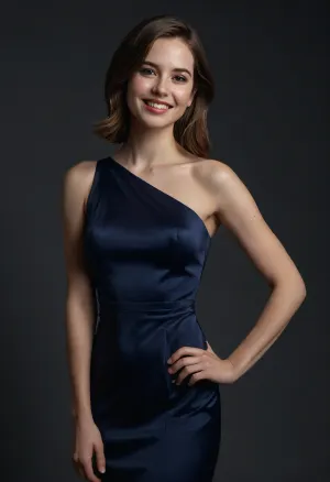 (masterpiece, best quality, high resolution, photorealistic, cinematic lighting), 1 woman, white skin, (standing and posing seductively), very cute, excited smiling face, (mousy brown hair), medium length hair, (straight hair parted to one side), skinny, short waist, petite, (high neck strapless gown, midnight blue silk, simple elegant design), (minimalist portrait studio), (cowboy shot)