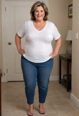 60 year old mature obese GILF, walking, (small, not tall), wide hips, thick, thighs, plump, light brunette hair with highlights, medium length hair, chubby round face, strong nose, big smile, unexpected camera, captivating eyes, eye contact with the viewer, (capturing full body, surprised expression), hoop earrings, best quality, photorealism, masterpiece, tight highwaist pants, lowcut v-neck white t-shirt tucked in, sagging, FUPA, big ass, milf, braless, covered hard nipples