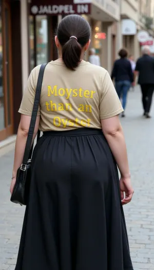 55 year old milf, rear view, (chubby), (dark-haired ponytail), stands in a shopping street. She wears a skirt and a pearl t-shirt and a handbag., (photography is taken from a drone), On her t-shirt is a Text printed in yellow letters "Moyster than an Oyster", <lora:flux-age_sliders_latest_diffusers:.6>