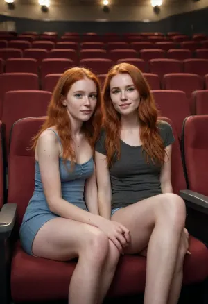 (full Body), Mom-Daughter, Mom 50 long haid, Daughter cute petite red hair freckles 20 years old, Theater, (Mom sitting on mans hard cock), .