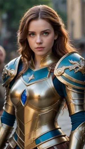A girl in golden armor, in her right hand a beautiful sword framed by a sapphire handle, her hair is loose, the color of her hair is brown, in the middle of the armor there is a blue-green rhombus, in her left hand she is holding a shield, a shield made of beautiful silver metal, in the middle of the shield there is a dragon symbol. The girl is incredibly beautiful like a knight.