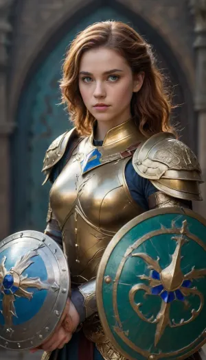 A girl in golden armor, in her right hand a beautiful sword framed by a sapphire handle, her hair is loose, the color of her hair is brown, in the middle of the armor there is a blue-green rhombus, in her left hand she is holding a shield, a shield made of beautiful silver metal, in the middle of the shield there is a dragon symbol. The girl is incredibly beautiful like a knight.