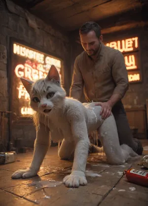 woman, ((female cat getting fucked by a human man)), gray fur, ((the room is dimly lit with a neon sign that reads "Goon Cave")), There are bottles of lubricant on the floor all around along with used tissues, ((covered in cum)), ((cum covered)), (bukkake), 8k, uhd, insanely detailed, masterpiece, cumhair, cumfacial55, cumshot, cumfacial, facial, gameroomconcept, mssstyle, fursuit, doggystyle, from, behind, human, on, anthro, feral, <lora:FursuitXL:.7>, <lora:SDXL_Human_Male_Furry_Female:1>