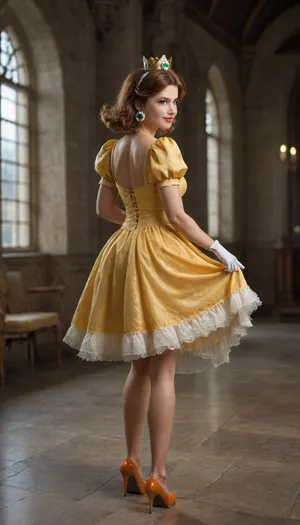 princess daisy, smiling, dark skin, blue eyes, red lipstick, long eyelashes, shoulder length curly brunette hair, parted bangs, long yellow ball gown with puffy sleeves, white gloves, orange heels, gold crown, fist pump, leg kick, castle, inside, super mario style, rear view, full body view