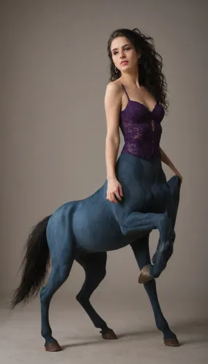 hoof, body furcentaur, marceline vampire, cosplayed as marceline vampire, human torso, full body, side view, rearing up on its, the front paws give very quick blows