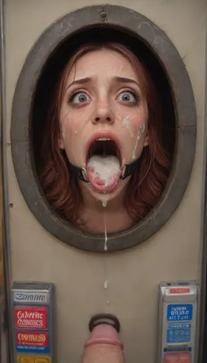 (40 years adult), (caucasian androgynes 28 yo femboy, male chest, flat chested, no breasts, small flaccide penis, red hair, medium hair, straight hair), (woman is stuck with her hips in a round hole with metal rim in a vending machine), (her bust is protruding from a round hole in the front of the vending machine:1.5), (stuck in hole with metal rim:1.3), (vending machine at night, slot for payment), (wide mouth spreader ring gag, gaping mouth:1.5), (leaning forward), (embarrassed, ashamed), (pleading expression:1.2), (terrified:1.6), (crying:1.2), (fear and panic:1.2), (box is low mounted, close to floor), (score_9, score_8_up, score_7_up, UHD 8K, masterpiece, best quality, maximum details, natural light, extreme realism, cinematic still), (huge penis:1.4), (she stares at erect penis in front of her face:1.3), (POV from above, she is looking up to viewer, submissive), (POV man standing and looking down, man stroking his big dick:1.1), (arms restrained to wall), (her arms left and right flat against the wall, multiple iron rings fixing her stretched arms against the wall:1.5), (POV standing man, looking down on her:1.2), (mouth wide open), (tan lines), (iron rings restrain her arms to vending machine), (her arms are spread eagle against vending machine:1.8), (arms restrained with iron rings:1.8), (free-standing vending machine), (her face is covered in cum:1.6), (enormous cum in er mouth:1.12), (bukkake, facial:1.48), (crying:1.3), (freckles, skin impurities), (transparent liquid:1.2), (realistic cum), (wet face:1.2), (oily skin:1.5), (stuck in a round hole with metal rim:1.6), (eyes wide open in horror:1.8), (her mouth serves only one purpose), (she's got a new job, she's a public cum dumpster)