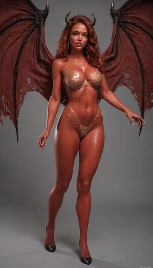 super sexy red anthro devil body, naked, Hooves, gigantic Torn wings, oiled body, red skin, very long red hair, incredibly sexy, cleavage, g string, lace, posing sexy