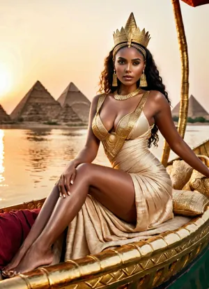 A fictional Nile queen reclining on a gilded lotus barge, diaphanous linen dress slipped to show hip and boobs and beautiful legs, heavy kohl, wide gold collar, servants pouring wine, papyrus reeds and pyramids at sunset, lush cinematic luxury.