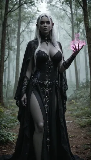 Beautiful female elf goth warlock, goth, servant of a Gothic patron, regal and otherworldly. Tall and elegant with a slim but powerful build, flawless pale skin with a faint shimmer, sharp angular elven features, long flowing white hair, with black highlights, and piercing red eyes glowing faintly with gothic magic, large bimbo breasts, (black-grey skin:1.8), . Wearing enchanted ornate plate armor shaped with flowing gothic symbols, and silver filigree, glowing with faint red arcane light. A cloak of deep twilight purple billows behind her. Wielding a glaive with an ethereal crystalline blade that hums with gothic power, runes glowing along the shaft. Standing in a moonlit forest clearing where flowers bloom at her feet, glowing will-o’-wisps and faint arcs of gothic magic floating in the air. Ultra-realistic high fantasy art, highly detailed, cinematic magical lighting, atmosphere of beauty, danger, and gothic majesty.