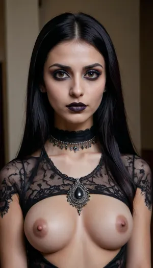 skinny white indian girl with dark straight long black hair without bangs, goth, punk rock style, she has extreme dark hazel eyes, wearing lots of black eye makeup with sharp black points at the corner of her eyes, dark lipstick, breasts, cutout, clothing, nipples, <lora:2BoutOvalSDXL2-000002:.5>