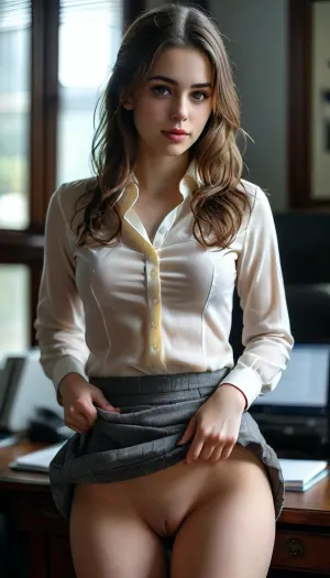 24 year old secretary, on desk, in office, tweed skirt, pantyhose, fully unbuttoned shirt, ((undressing)), we can see black bra through shirt, up skirt, we can see pussy through pantyhose, down panties, we looking up her skirt, view from beside, we viewing under her skirt, (((lifting skirt))), back view, show bottom, cute panties, <lora:MJ52:1.4>, <lora:style_lora_realis:1.3>, skirtlift, <lora:skirtlift_xl:.8>