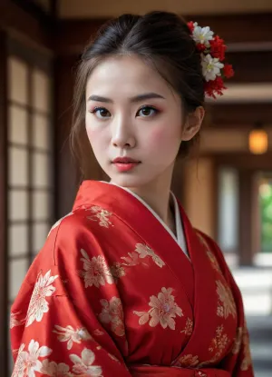 a girl in a red kimono